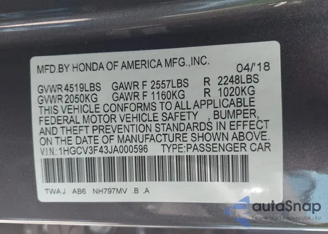 2018 Honda Accord Hybrid Ex z USA, uszkodzony, nr VIN 1HGCV3F43JA000596